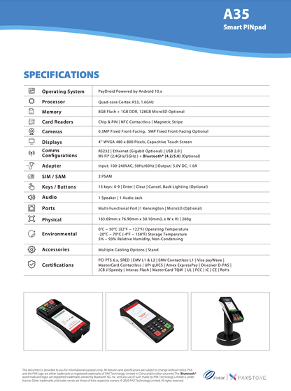 PINPAD Pax A35 (câble compris)